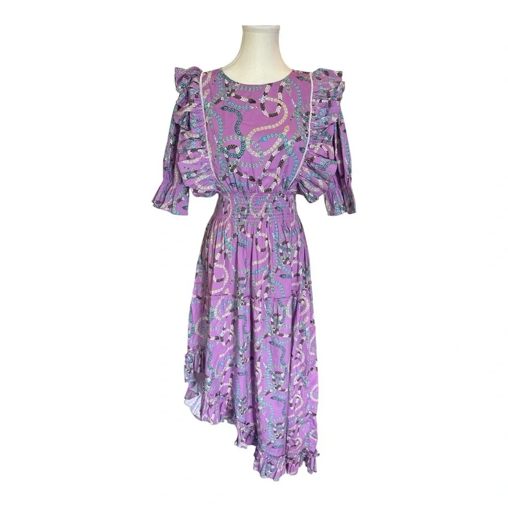 Sheridan French Sabine Asymmetrical Ruffle Maxi Dress L Purple Serpentine Boho - Picture 4 of 6